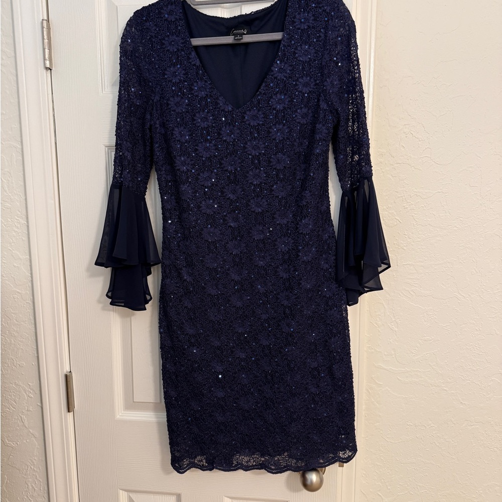 Cachet Midnight Blue Lace Dress with Flared Sleeves